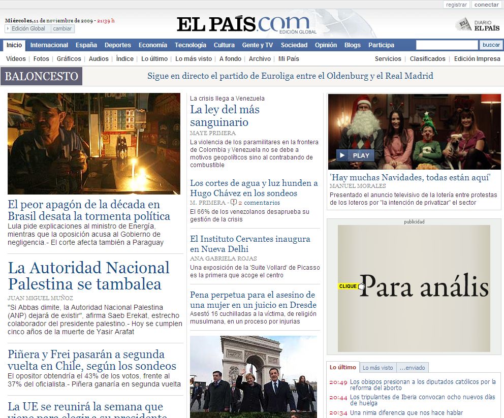O blecaute é destaque na capa do site El País, da Espanha | Reprodução