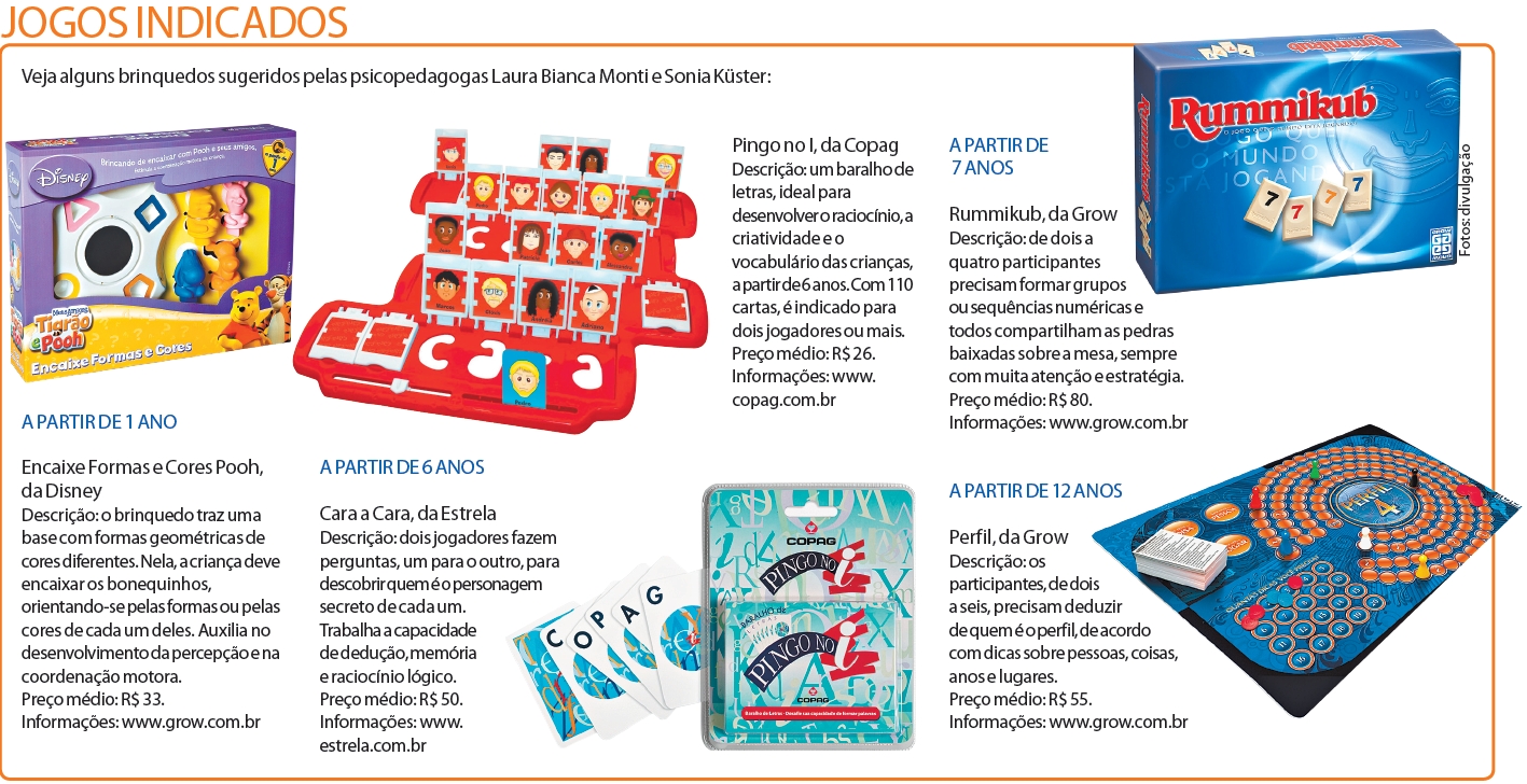 Veja alguns brinquedos sugeridos pelas psicopedagogas Laura Bianca Monti e Sônia Küster |