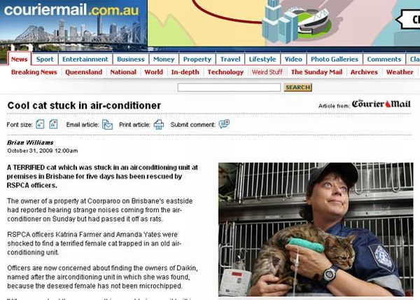 Para libertar a gata, os agentes tiveram que arrancar o ar-condicionado da parede | Reprodução/Courier Mail