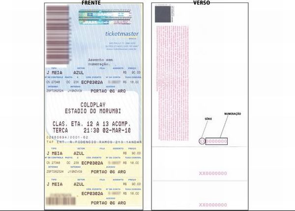Exemplo ilustrativo de ingresso padrão vendido pela Ticketmaster, com indicações de onde ficam a indicação de série e numeração de cada bilhete | Divulgação