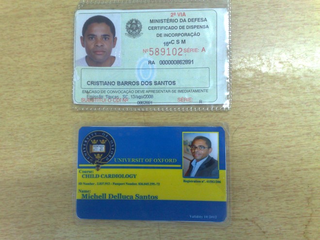 Identidade verdadeira (acima) e falsa (abaixo) do acusado | 