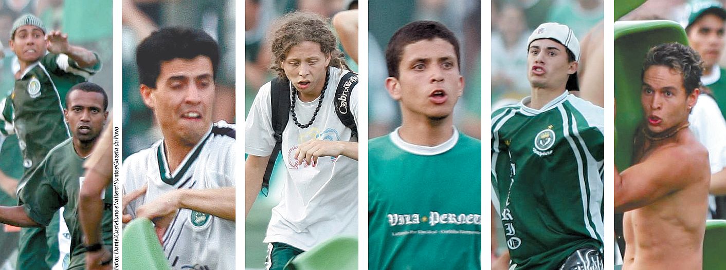 Imagens de torcedores que invadiram o gramado do Couto Pereira e, munidos de pedaços de madeira, cadeiras ou com socos e pontapés, participaram da barbárie que sucedeu o rebaixamento coxa-branca à Série B | Fotos: Daniel Castellano e Valterci Santos/Gazeta do Povo