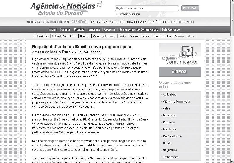 Fac-símile do site da Agência Estadual de Notícias com a reportagem sobre o lançamento da candidatura de Requião | Reprodução