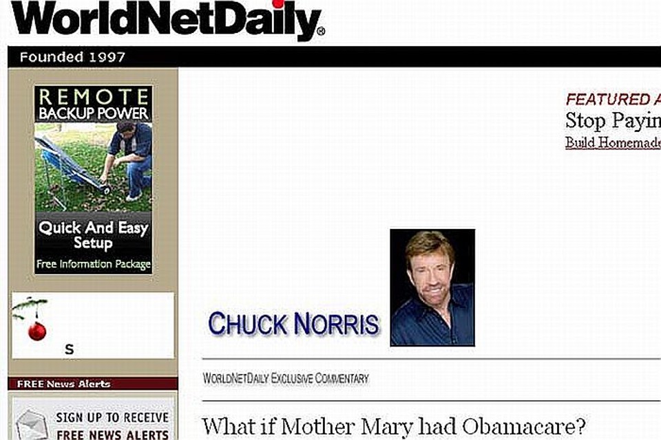 Página na internet com coluna do ator Chuck Norris sobre o projeto de reforma no sistema de saúde dos EUA | Reprodução