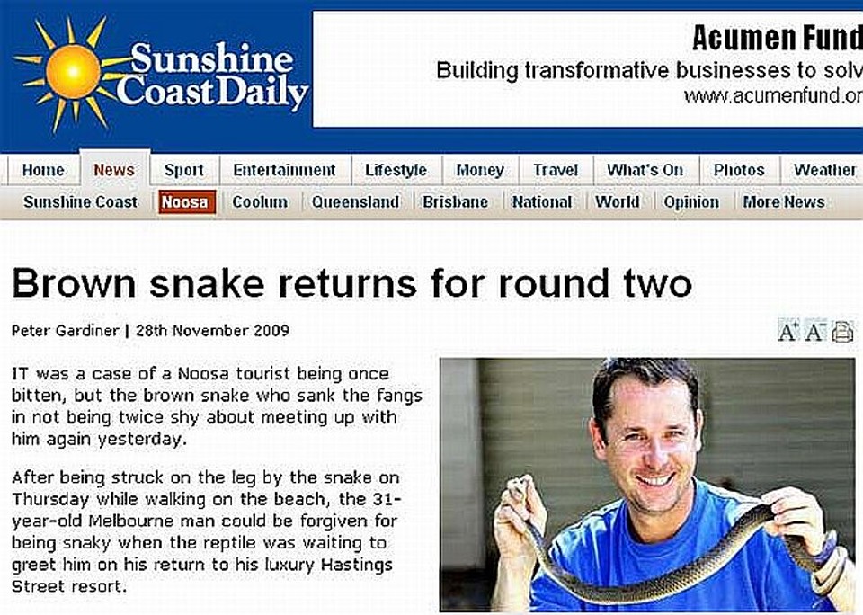 Australiano é picado duas vezes pela mesma cobra O réptil foi capturado pelo especialista em Jason Deathe | Reprodução/Sunshine Coast Daily