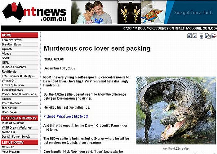 Crocodilo "Igor" mede 4,62 metros e pesa 650 quilos | Reprodução/NT News