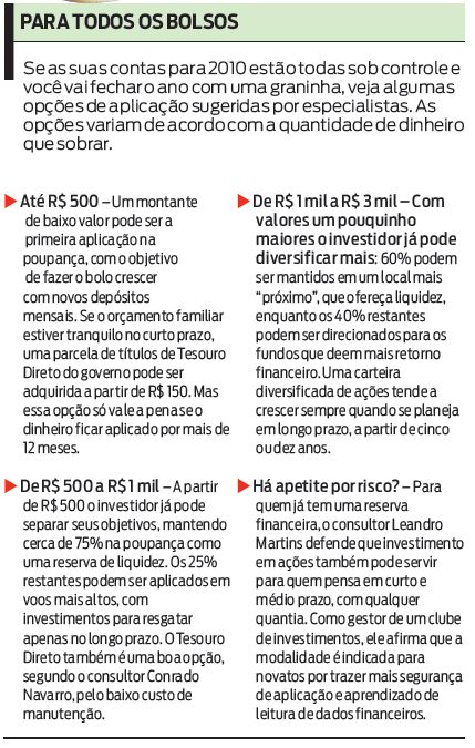 Se as suas contas para 2010 estão todas sob controle, veja algumas opções de aplicação sugeridas por especialistas |
