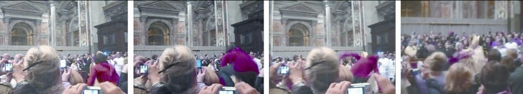 Momento em que mulher (vestida de vermelho) identificada como Susanna Maiolo, de 25 anos, salta sobre a barricada para agarrar Bento XVI antes do início da Missa do Galo: episódio levanta dúvidas sobre a segurança do Papa | Associated Press/AE