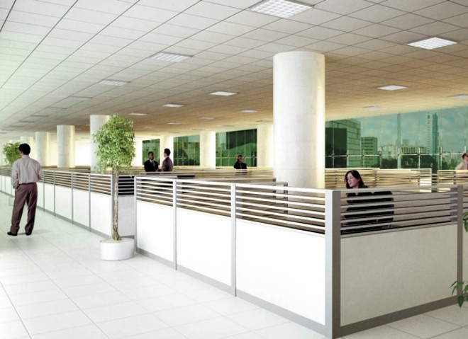 Imagem artística de como será o interior do Palácio Iguaçu, com os vidros verdes ao fundo | 