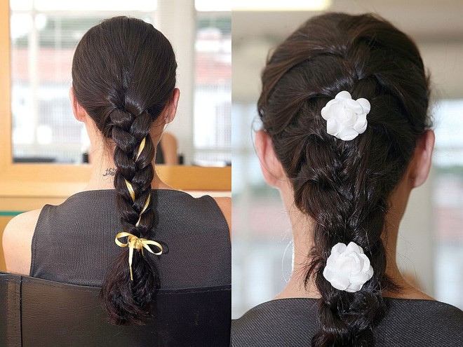 Duas sugestões da hair stylist Rejane Leonardo: fita e flores no cabelo |