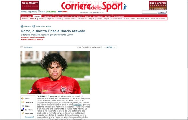 Apesar de matéria citar interesse da Roma em Márcio Azevedo, clube garante que ele fica | 