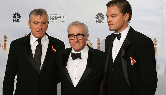 e o homenageado Martin Scorsese entre De Niro e DiCaprio |