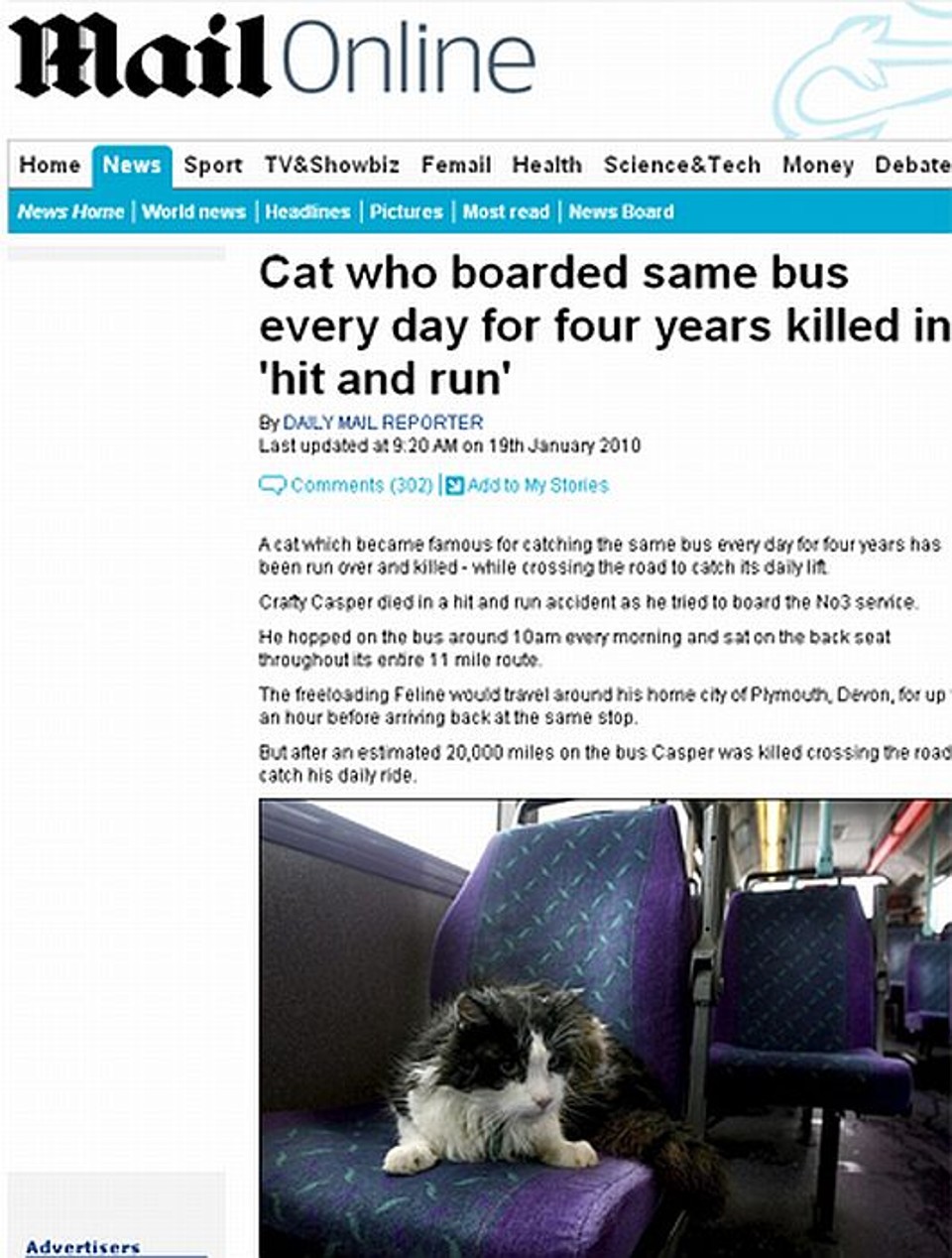 Casper sentava no mesmo banco dentro do ônibus Número 3 | Reprodução/Daily Mail