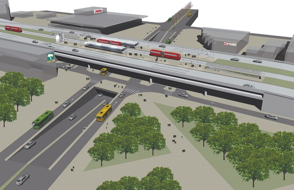 O cruzamento da Linha Verde com a Avenida Victor Ferreira do Amaral, no Tarumã, prevê uma estação com três níveis para facilitar integrações | Ilustração-IPPUC