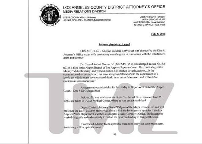 Reprodução de documento divulgado pelo site TMZ, que indicia o médico Conrad Murray pelo homicídio involuntário de Michael Jackson |