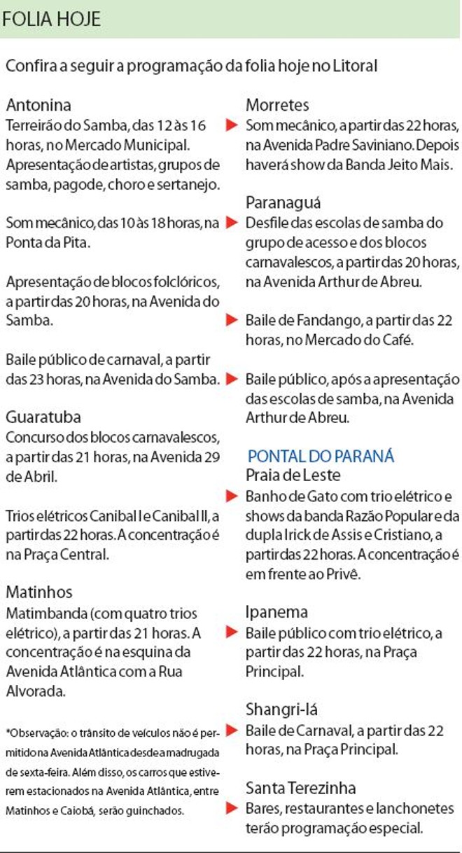 Confira a seguir a programação da folia hoje no litoral |