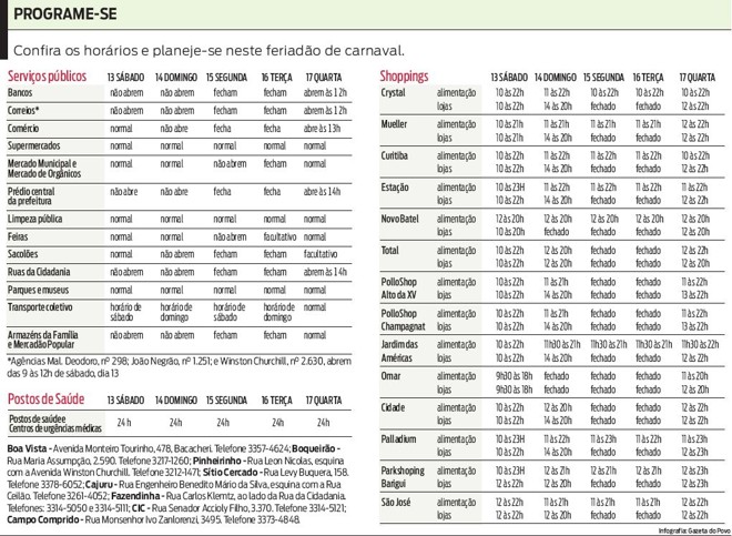 Veja o funcionamento dos shoppings, postos de saúde e serviços públicos em Curitiba no Carnaval |