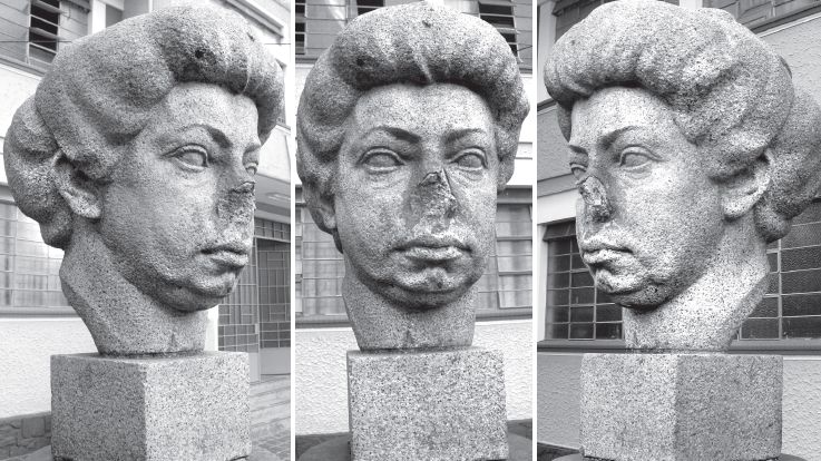 O busto de Julia Wanderley danificado... |