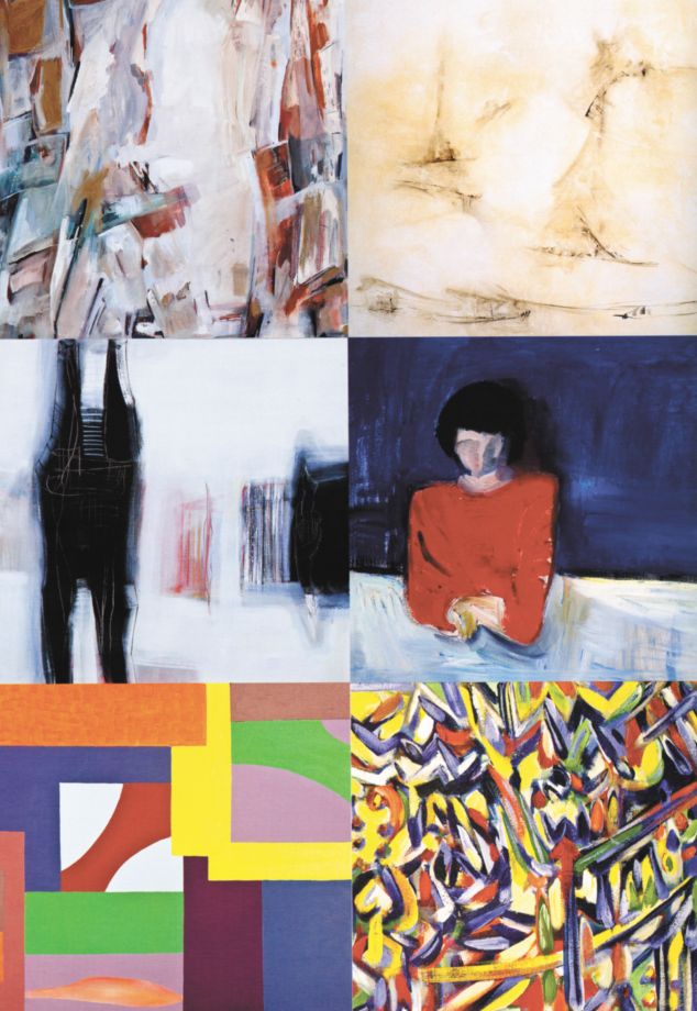 A partir do alto, em sentido horário: obras de Estela Sandrini, Guilmar Silva, Helena Wong, Mohamed Assal, Ronald Simon e Mazé Mendes, em exposição no Solar do Rosário |