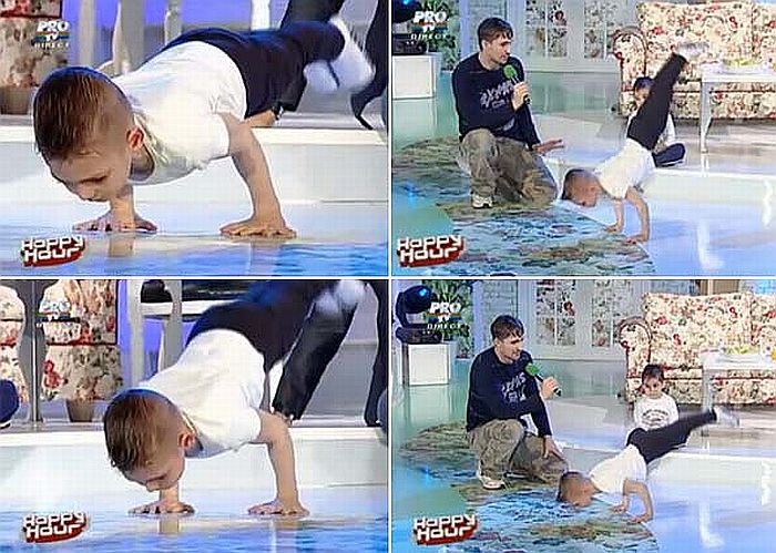 O romeno Giuliano Stroe, de 5 anos de idade, exibe sua força em um programa de TV | Reprodução