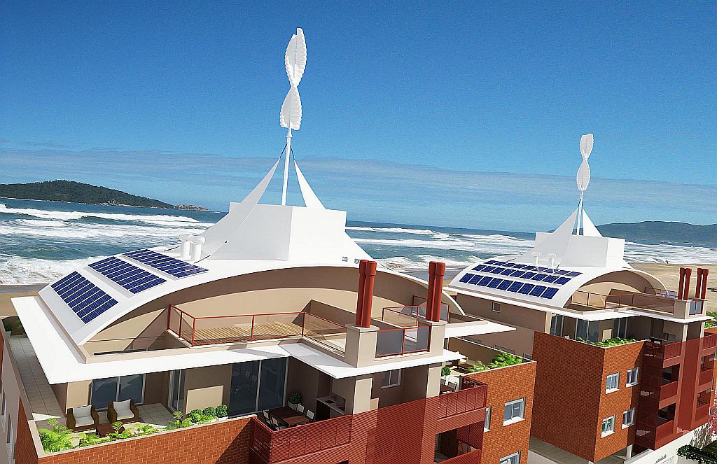 Detalhe dos telhados com painéis solares e hélices de energia eólica no projeto do condomínio Neo, que será construído em Florianópolis | Divulgação