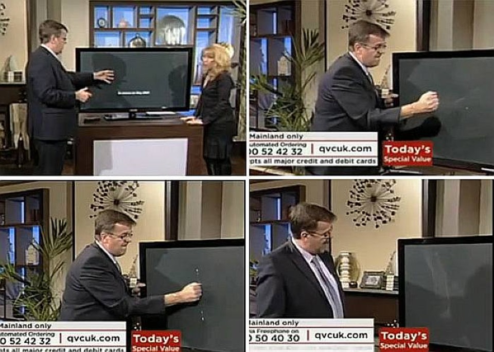 TV de LCD não resistiu aos murros do apresentador durante teste ao vivo em emissora inglesa | Reprodução/QVD TV