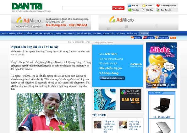 Li Sanju só se alimenta de grama, folhas e raízes | Reprodução/Dantri.com.vn