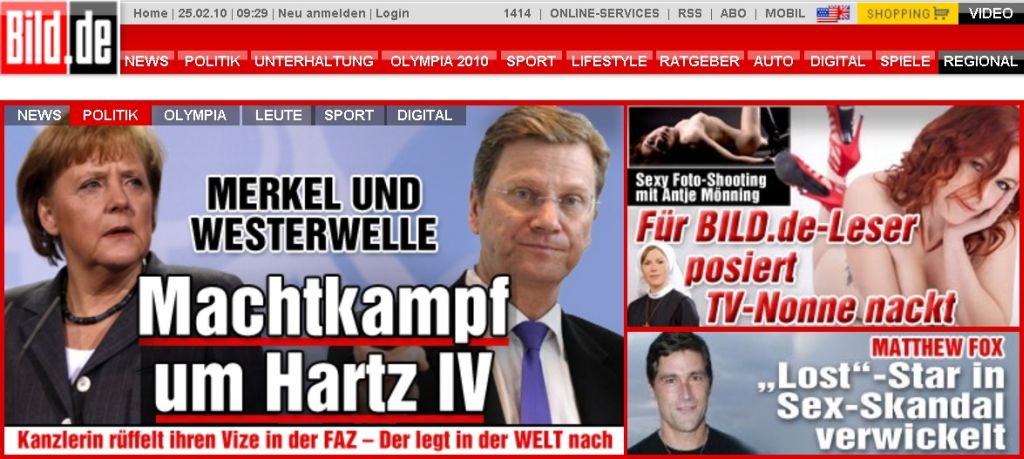 Página do Bild na internet: modelos têm destaque nas capas do tabloide | Reprodução