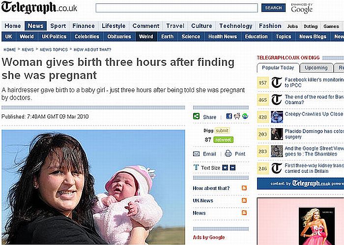 Ruins de doer - Médicos passaram 9 meses sem perceber que Billy estava grávida. Quando perceberam, disseram que a gestação havia completado 3 meses | Reprodução/ Telegraph.co.uk