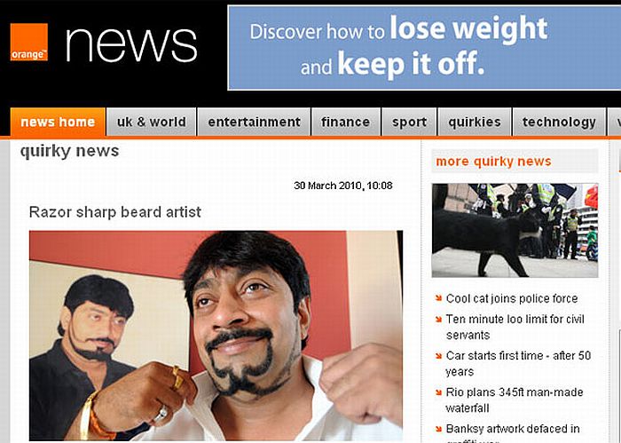 Sameer Mehta ganhou recorde por fazer 57 diferentes designs para sua barba em quatro anos | Reprodução/Orange.co.uk