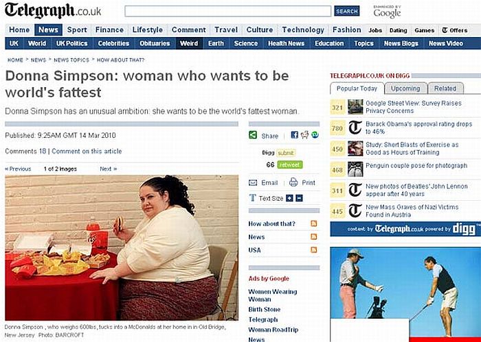 Donna Simpson, de 42 anos, está pesando 273 kg | Reprodução/Barcroft/Telegraph.co.uk