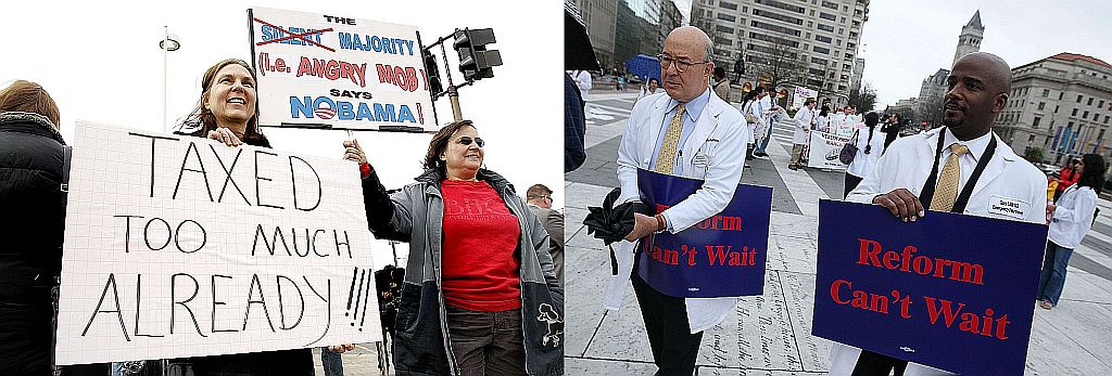 Enquanto opositores à reforma da saúde saíram às ruas de Royal Oak, no Michigan, para protestar contra a decisão da Câmara, em Washington, médicos organizaram manifestação a favor do projeto do governo aprovado pelos deputados | Bill Pugliano/Getty Images/AFP e Mark Wilson/Getty Images/AFP