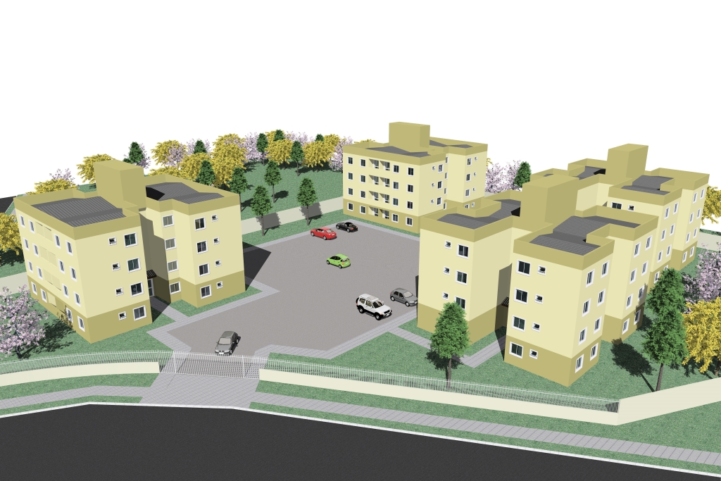 Desenho de como ficará o condomínio no terreno. Ao todo são 64 apartamentos | Divulgação