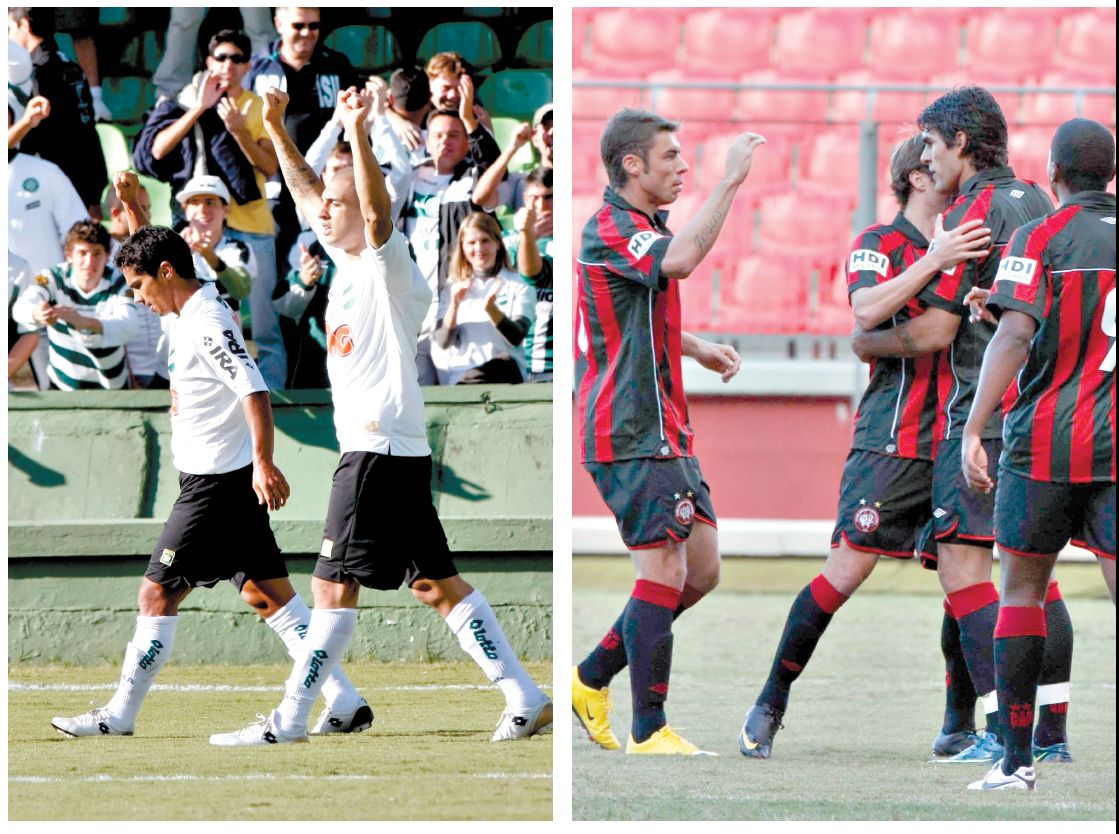 Ariel (à esquerda) e Javier Toledo comemoram seus gols no fim de semana: quinta vitória seguida deu ao Atletiba o esperado status de decisão do Paranaense-2010 | Antônio Costa/ Gazeta do Povo e Pedro Serápio/ Gazeta do Povo