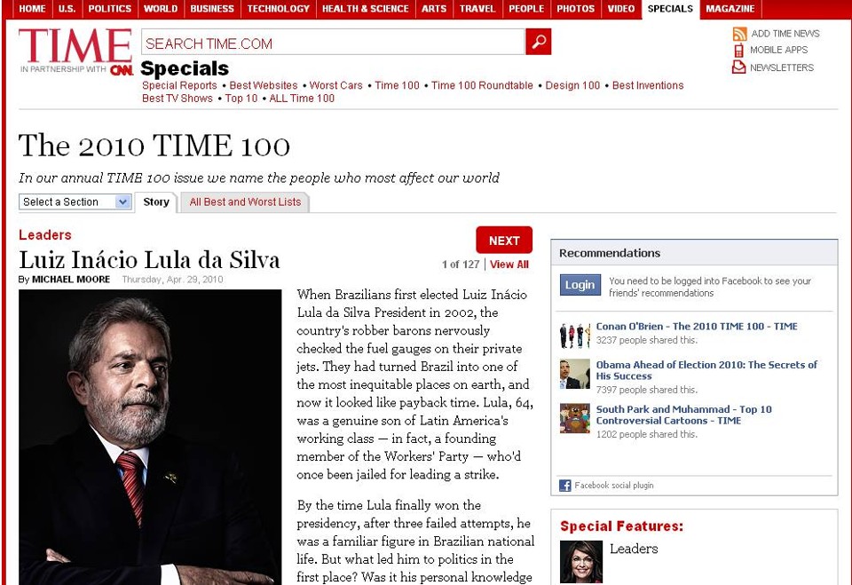 O presidente Lula teve o texto de apresentação escrito pelo polêmico cineasta Michael Moore | Reprodução / Revista Times