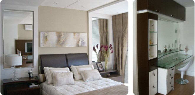 No projeto de Daniele Viesser: espelhos para ampliar o ambiente e uma penteadeira para dar mais comodidade | 