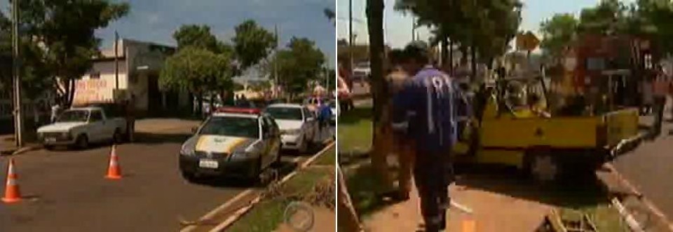 Um Fiat Fiorino bateu na lateral de um caminhão. O motorista do veiculo perdeu o controle da direção, bateu numa árvore e morreu na hora | Reprodução RPC TV Cultura