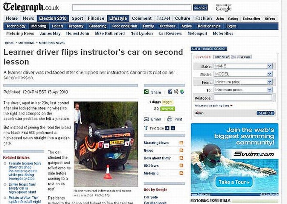 Ninguém ficou ferido durante a aula de direção | Reprodução/Telegraph.co.uk