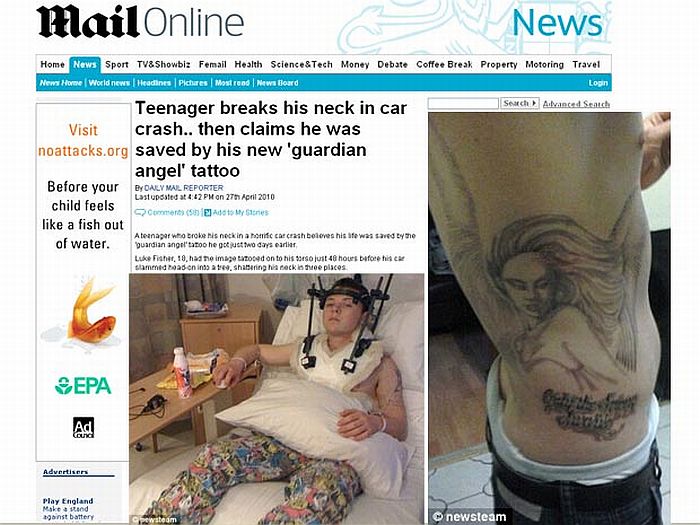 Luke Fisher exibe sua tatuagem de anjo feita dois dias antes de acidente de carro | Reprodução/Mailonline.co.uk