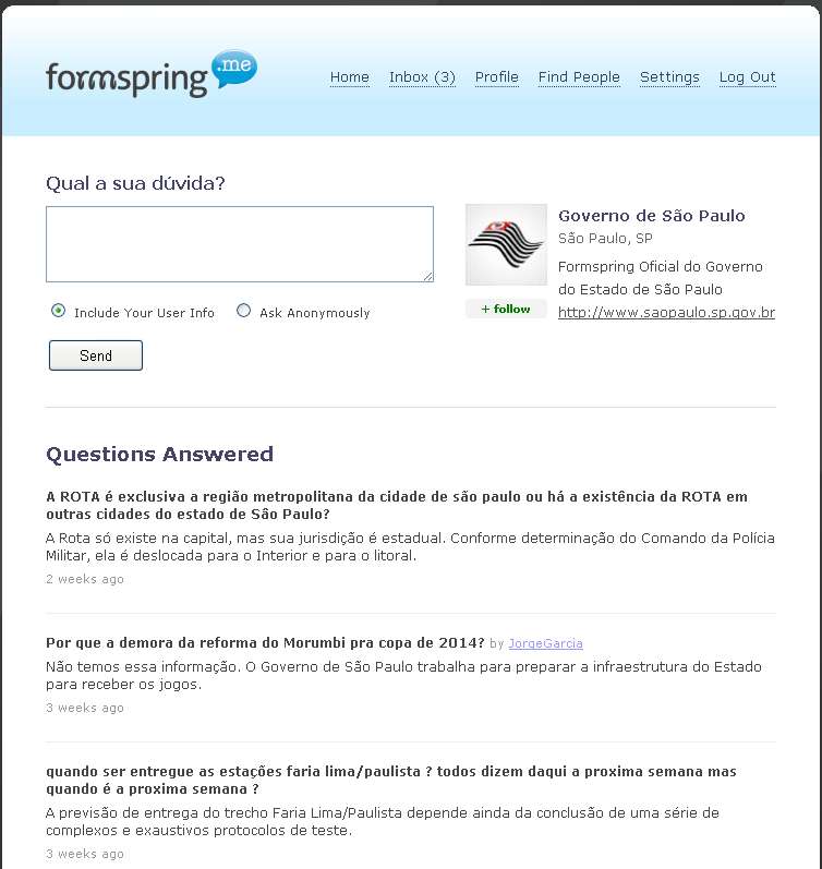 Perfil do governo de São Paulo no Formspring: perguntas diretas |