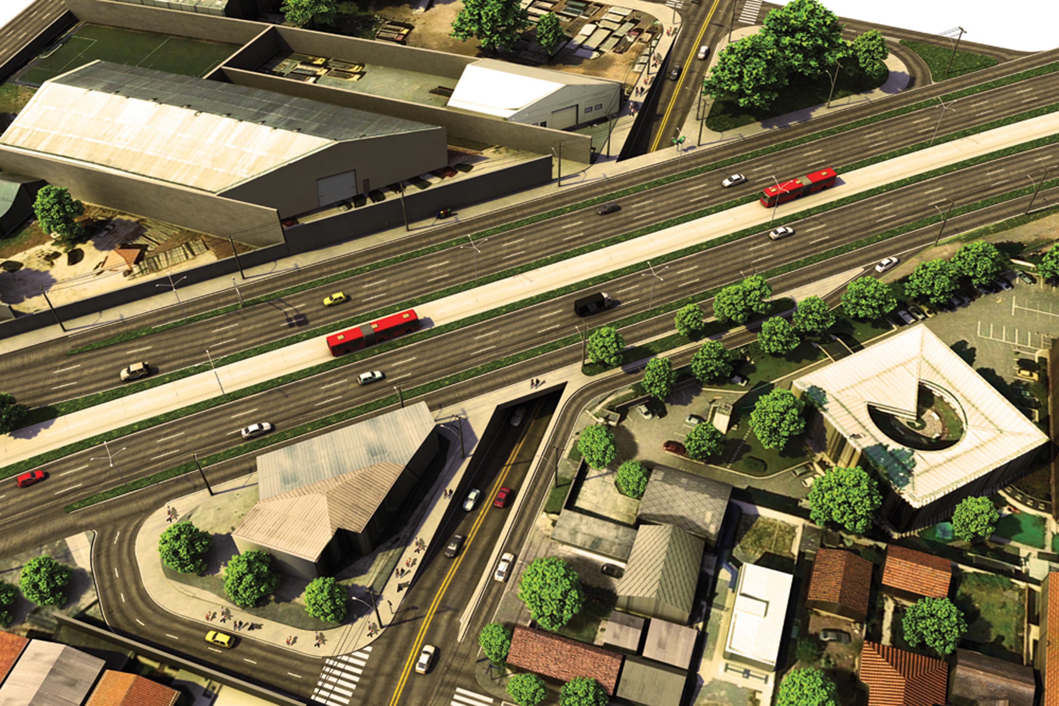 Ilustração mostra como deve ficar a trincheira na Gustavo Rattmann, sob a futura Linha Verde Norte | Divulgação/IPPUC