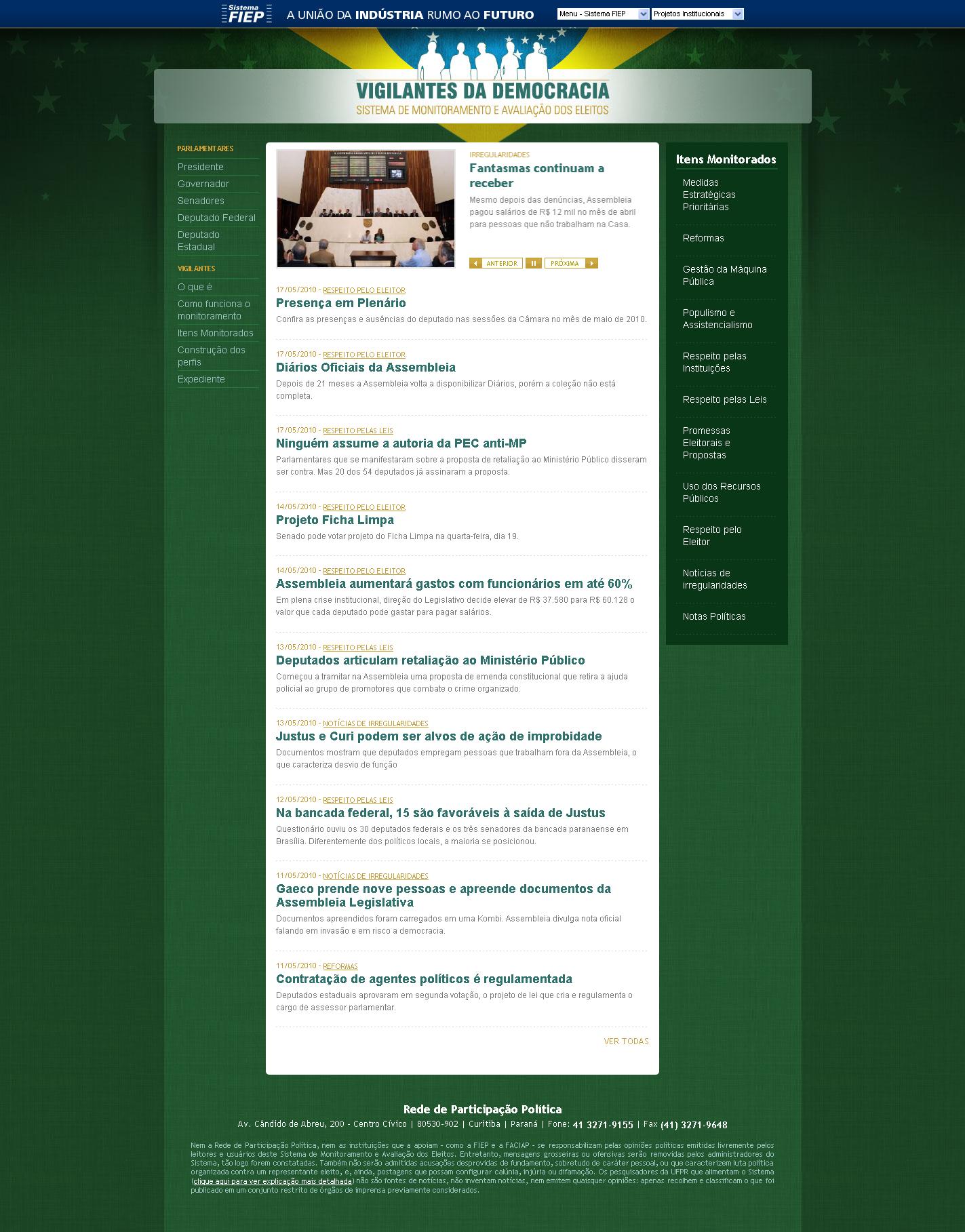 No Vigilantes da Democracia notícias são selecionadas e categorizadas para traçar um perfil dos políticos do legislativo do Paraná, tanto na esfera estadual quanto local | Reprodução/Vigilantes da Democracia