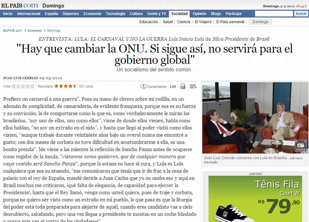 Reprodução da entrevista com Lula no El País | Reprodução / El País