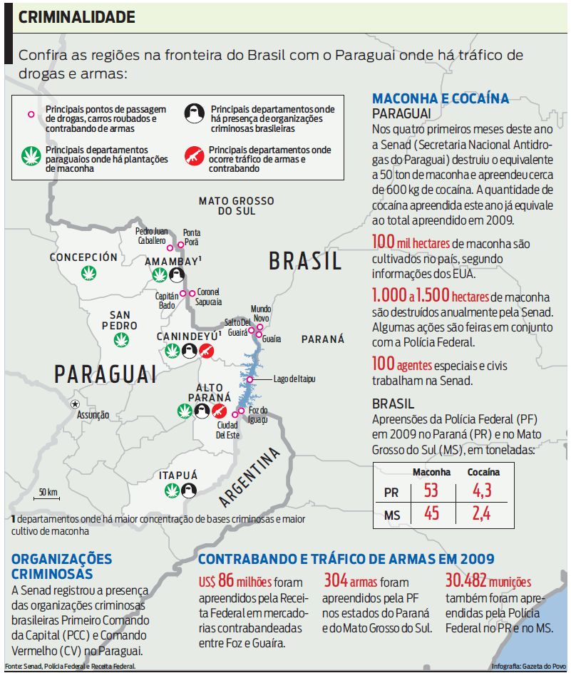 Confira as regiões na fronteira do Brasil com o Paraguai onde há tráfico |