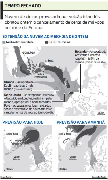 Veja as áreas afetadas pela nuvem de cinzas |