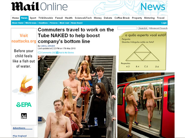 Atores pelados circulam pelo metrô de Londres cobrindo genitália com pastas executivas. | Reprodução/Daily Mail