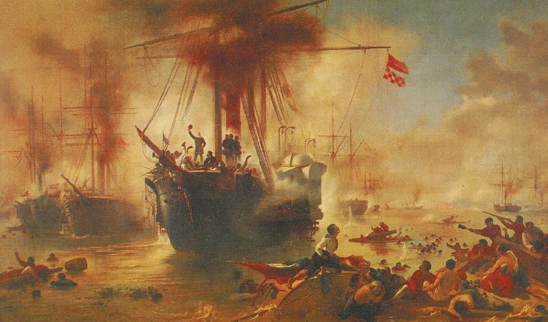 Victor Meirelles retratou a batalha do Riachuelo: navios e topografia são mais fiéis à realidade que a cena em si |