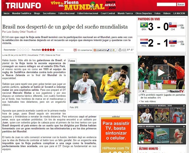 Chilenos consideram que Chile caiu com dignidade, por ter lutado e buscado o gol |