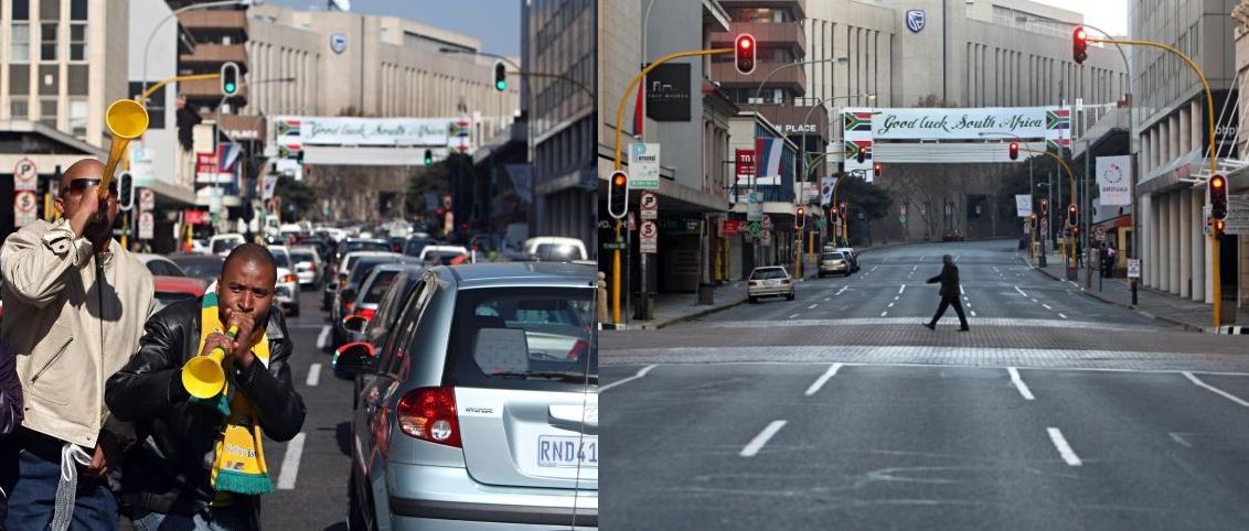 Rua de Johanesburgo antes (à esquerda) e durante (à direita) o jogo da África do Sul | Albari Rosa / Agência de Notícias Gazeta do Povo