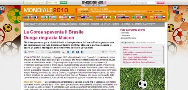 Coreia assusta Brasil; Dunga agradece a Maicon | Reprodução / Gazzeta dello Sport